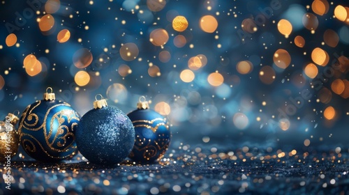 Sparkling Christmas ornaments with golden and blue hues against twinkling lights.