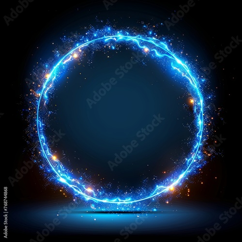 Blue glowing light ring frame on a black background illustration in the style of flat design, with detailed and intricate circular shaped elements in a dynamic composition, with a glowing effect. Digi