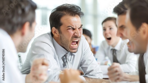 Intense corporate dispute with an angry businessman shouting across the table at colleagues.