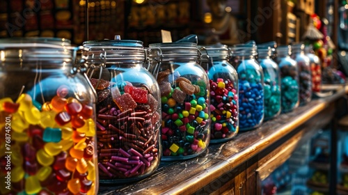 Assorted colorful candies in glass jars showcased in a confectionery store.