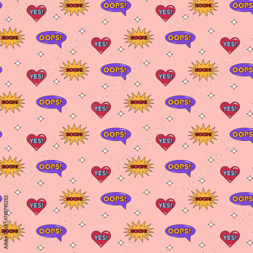Y2K pattern. Retro seamless pattern with words oops, yes and boom. Vector illustration