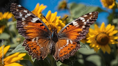 Butterfly perched on sunflower blossoms