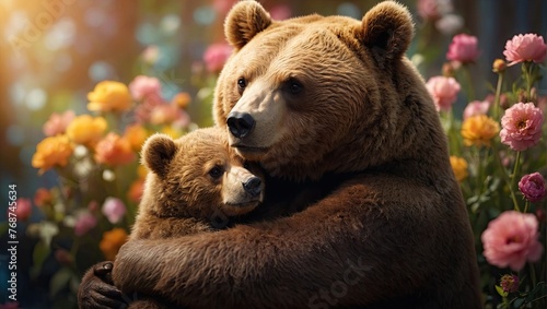 cute mama bear hugging baby bear. Happy mother's day greeting card concept. © dasha122007