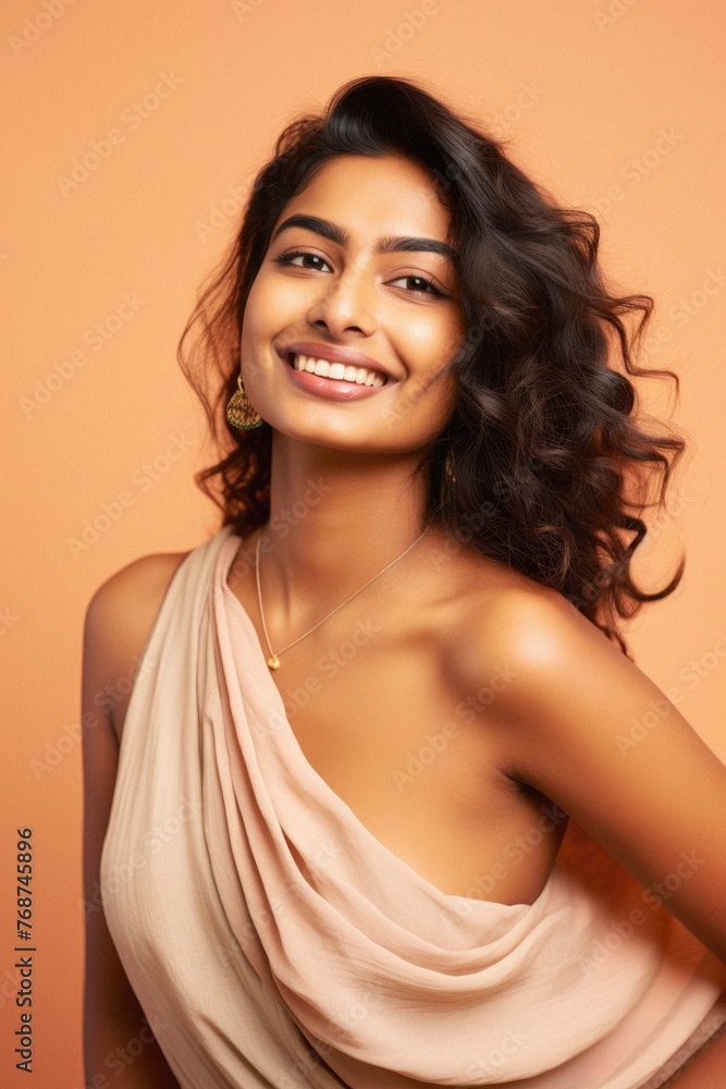Fototapeta premium Beautiful young indian woman wearing beige scarf. Studio shot .