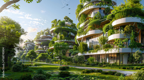 Graphic design of a sustainable city  blending modern architecture with greenery  highlighting environmental care and eco-friendly living.