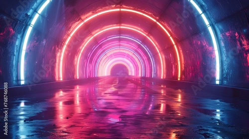 3d render, abstract neon background with colorful glowing light rings in the tunnel. Generative AI