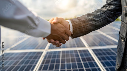 Business agreement with a handshake at a solar panel farm, symbolizing clean energy deals