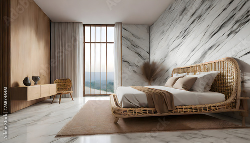 odern bedroom interior mock up, wooden rattan bed on empty marble wall. Generative AI.
