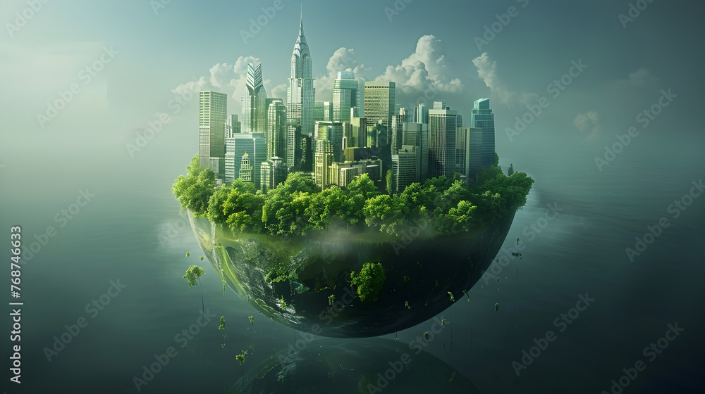 The image depicts a green city on earth to celebrate world environment day, promoting conservation and sustainability.