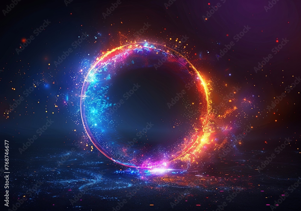 Abstract background with glowing neon light rings on a black background illustration. Glowing circular frame design element for text, logo or title presentation. Generative AI Abstract background with glowing neon light rings on a black background illustration. Glowing circular frame design element for text, logo or title presentation. Generative AI
