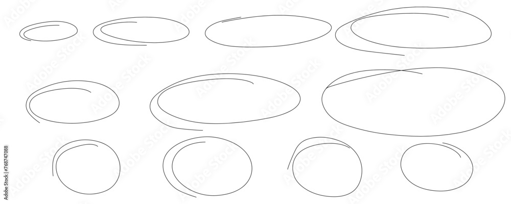 Highlight oval frames, marker hand drawn underlines lines. Hand drawn scribble doodle circle set. Ovals and ellipses line template. Stock vector illustration isolated on white background.