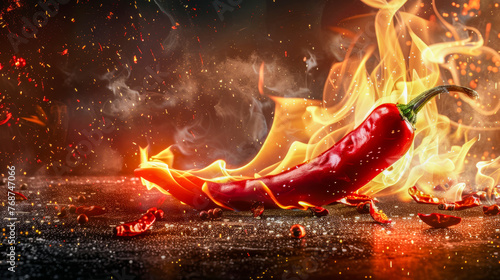 A fiery depiction of a chili pepper engulfed in flames showcasing the intense heat and spicy flavor associated with hot peppers