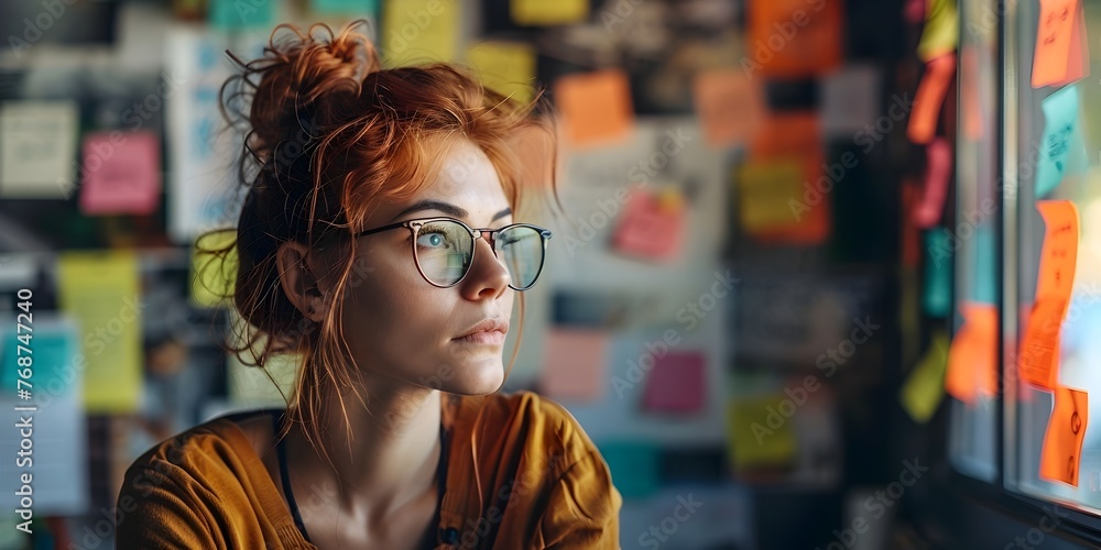 Redheaded Woman Brainstorming with Sticky Notes in Creative Workspace Redheaded Woman Brainstorming with Sticky Notes in Creative Workspace