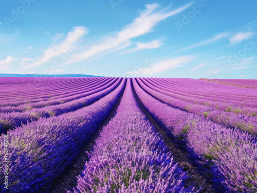 Magnificent purple lavender rows under a dynamic sky evoke a sense of awe and majesty