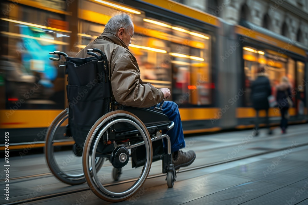 Obraz premium Man in Wheelchair on City Street