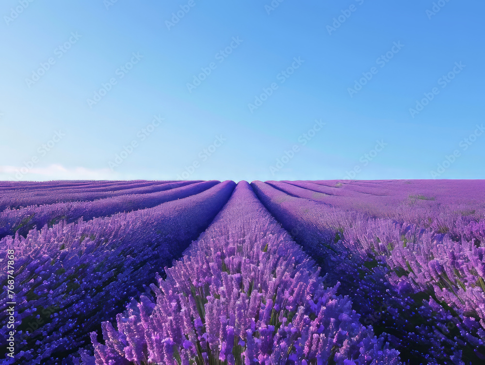 The peak bloom of lavender fields creates a captivating sight with a clear, sapphire sky above