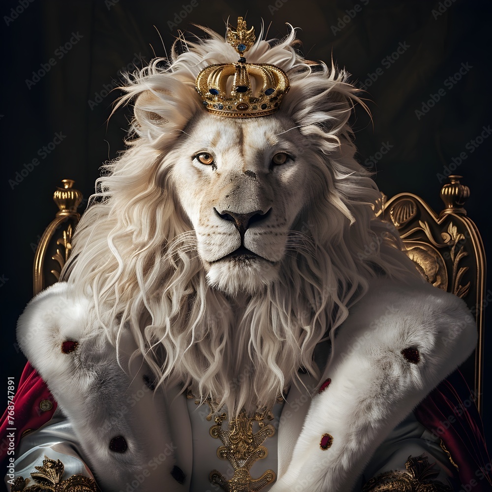Magnificent Regal Monarch - Majestic White Lion Adorned in Luxurious Crown and Ceremonial Attire,Enthroned in Grandeur