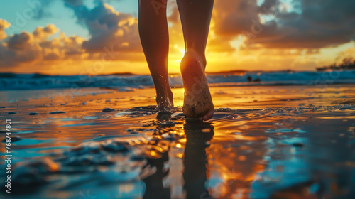 A person walking barefoot on a sandy beach against sunset, depicting serenity and a connection to nature