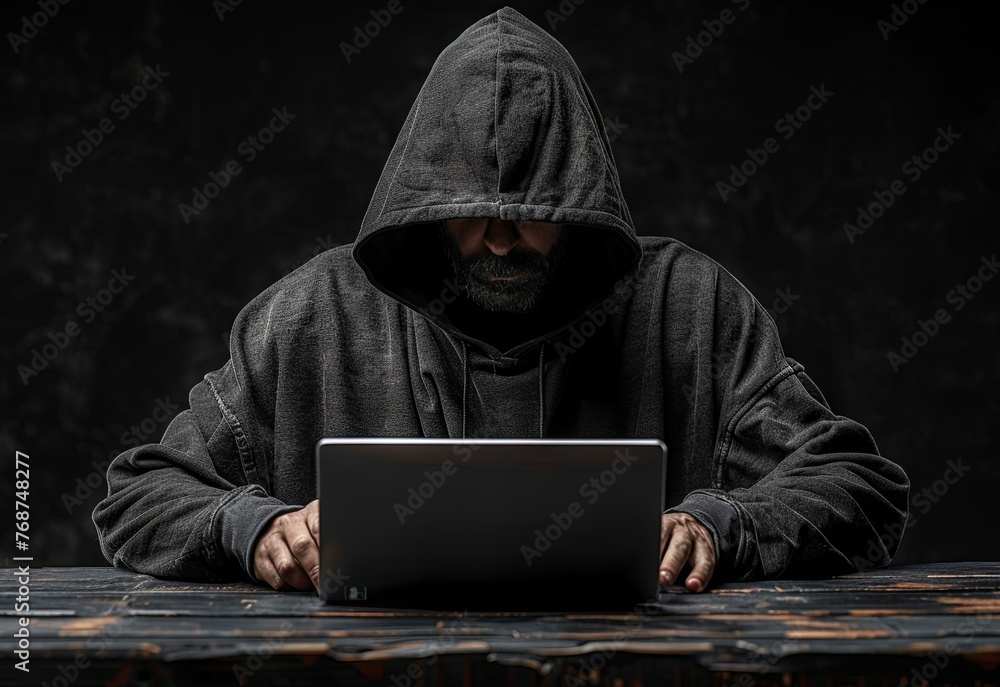 A hacker in a black hoodie sitting at a table with a laptop computer against a dark background. Soft studio lighting, with highly detailed, fine details in the style of stock photo quality photography A hacker in a black hoodie sitting at a table with a laptop computer against a dark background. Soft studio lighting, with highly detailed, fine details in the style of stock photo quality photography
