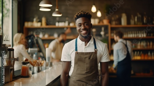 Barista and Happy Black Man Working Together in a Coffee Shop Generative AI
