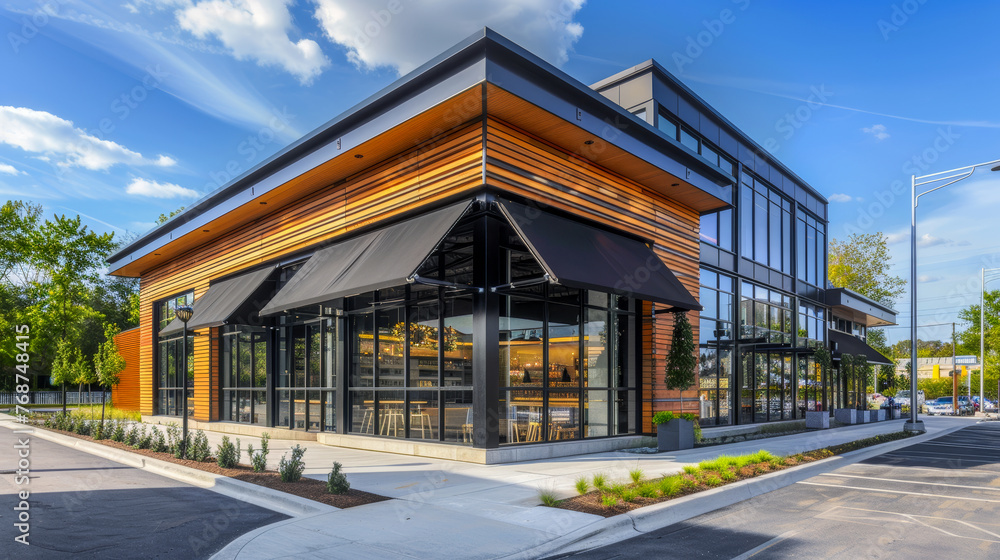 A wide-angle shot highlighting the contemporary architecture of a commercial building with clear blue sky A wide-angle shot highlighting the contemporary architecture of a commercial building with clear blue sky