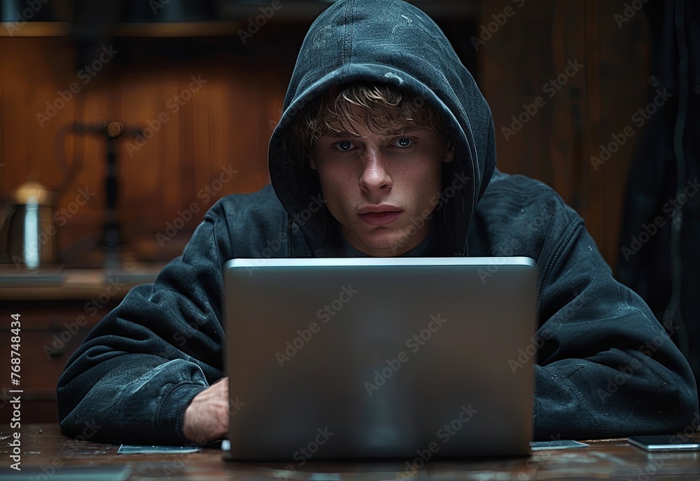 A hacker in a black hoodie sitting at a table with a laptop computer against a dark background. Soft studio lighting, with highly detailed, fine details in the style of stock photo quality photography A hacker in a black hoodie sitting at a table with a laptop computer against a dark background. Soft studio lighting, with highly detailed, fine details in the style of stock photo quality photography