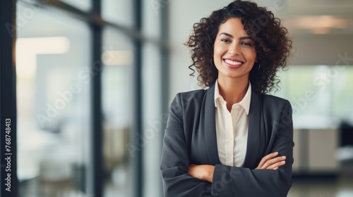 A Confident Stylish Woman Laughing with Arms Crossed in a Modern Office Generative AI