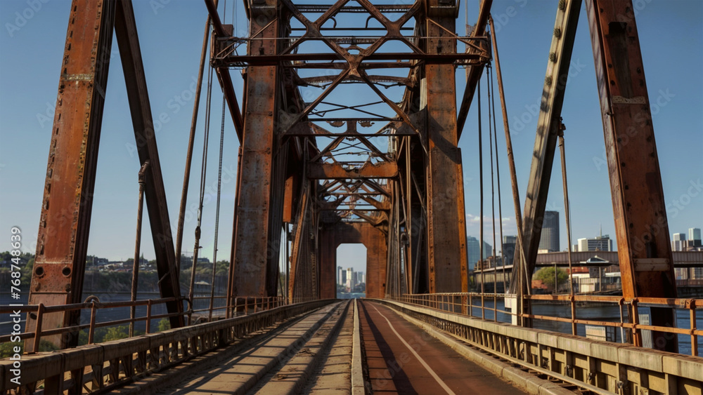 rusty broken bridge overlooking the city