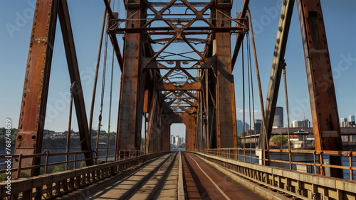 rusty broken bridge overlooking the city
