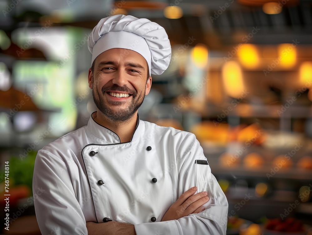 A smiling chef in a white coat stands in front of a display of food A smiling chef in a white coat stands in front of a display of food