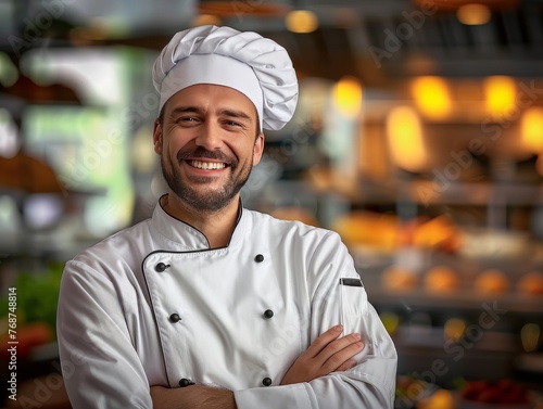A smiling chef in a white coat stands in front of a display of food