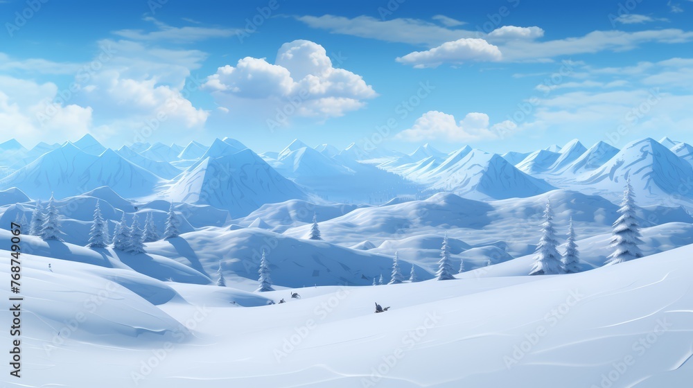 A Serene Winter Wonderland: Snow-Covered Peaks and Pristine Landscape Under a Clear Blue Sky