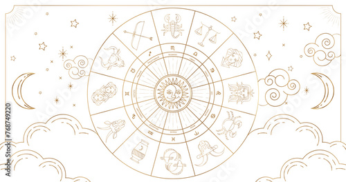 Astrology wheel with zodiac signs on star background. Realistic illustration of zodiac signs. Horoscope vector illustration