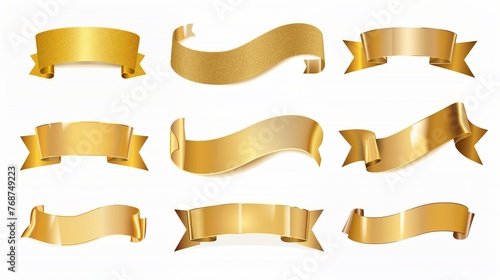 Set of gold banner label ribbons with white background. Generated by artificial intelligence.