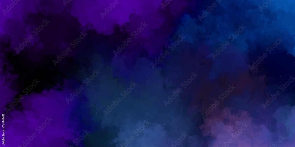 Blue smoke in dark background. Blurry and grunge blue paper texture with white mist. Realistic decorative fog effect and transparent magic mist. Vivid textured aquarelle painted purple wallpaper.