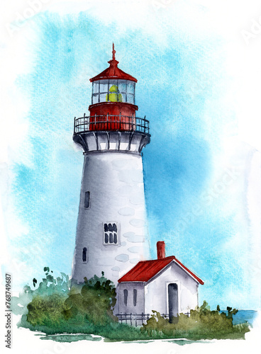 Watercolor illustration of a lighthouse with an additional building on a hill with some trees and shrubs near it (This illustration was drawn by hand without the use of generative AI!)
