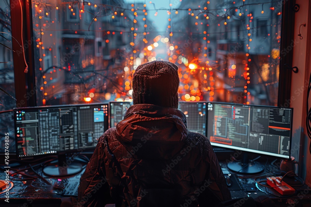 A hacker in the hood is sitting at his desk and looks into three monitors, on which he sees system information. He uses them to break the computer security of an office building where other people wor