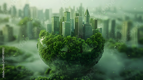 A green city made of earth and a globe, representing World Environment Day and the importance of environmental protection and sustainability