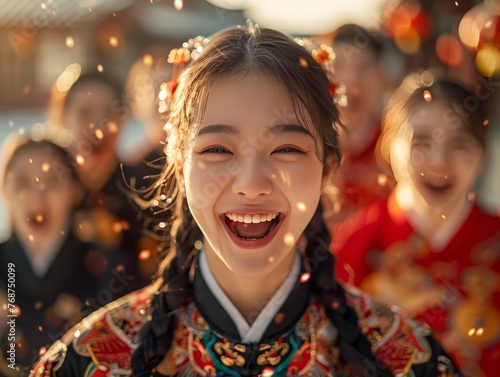 A young woman wearing a traditional Chinese dress is smiling