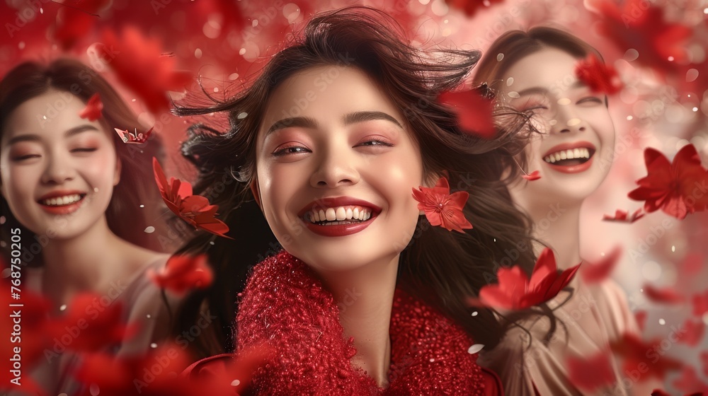 A woman is smiling and surrounded by red flowers A woman is smiling and surrounded by red flowers