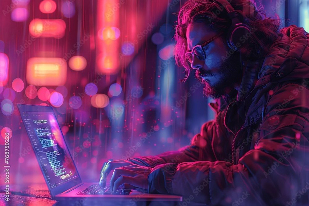A hacker typing on a laptop with a code background, in a style of ...