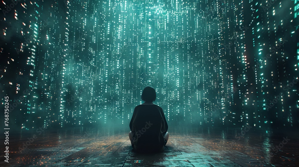 A dark room with binary code and data flowing in the air. A computer screen on a table in the center of the scene. A person sitting at a desk looking into the camera in a futuristic style. Generative A dark room with binary code and data flowing in the air. A computer screen on a table in the center of the scene. A person sitting at a desk looking into the camera in a futuristic style. Generative