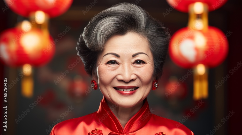 A woman in a traditional Chinese dress is smiling and posing for a photo A woman in a traditional Chinese dress is smiling and posing for a photo