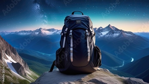 A blue backpack is sitting on a mountain top. The mountains are in the background and the sky is blue