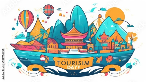 A colorful illustration of a city with a banner that says Tourism Days