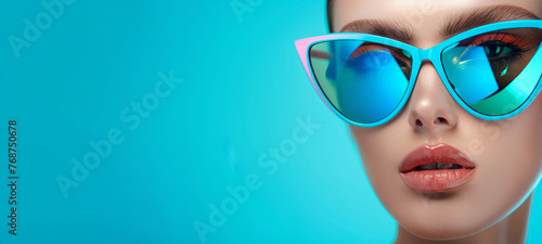 A woman wearing blue sunglasses with a blue background. The woman has a nice smile. Futuristic high fashion female model with stylish sunglasses