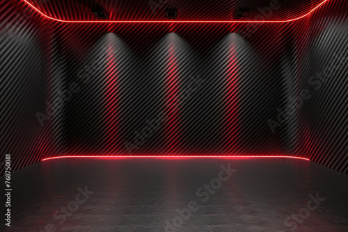 Studio interior with carbon fiber texture. Modern carbon fiber textured red black interior with light. Background for mounting, product placement. Vector background, template, mockup.