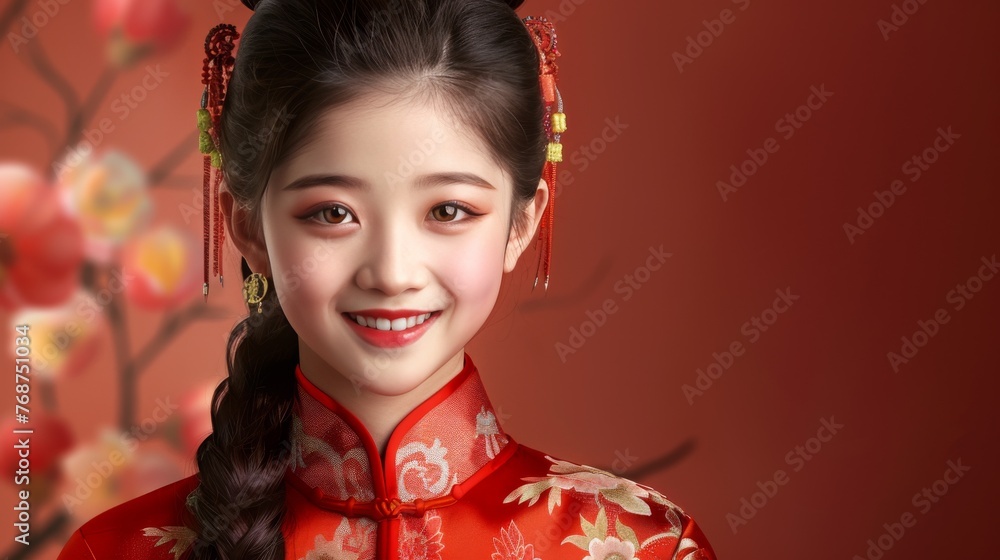 A woman wearing a red dress and a red headband A woman wearing a red dress and a red headband