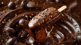 commercial shot of delicious chocolate popsicle with chocolate, almonds and cafe around, chocolate fondue, 3D render style