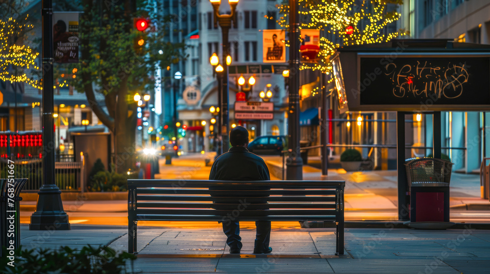 An evocative evening scene depicting a lone person seated on a bench, surrounded by city lights and decorated trees